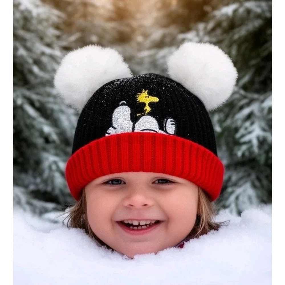 New Peanuts Snoopy Woodstock‎ Beanie Pom Pom Red Cuff Black Knit Winter Hat Kid